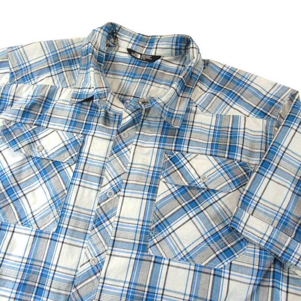 The North‎ Face Mens Snap Button Shirt M Blue Plaid Cotton Polyester Pocket